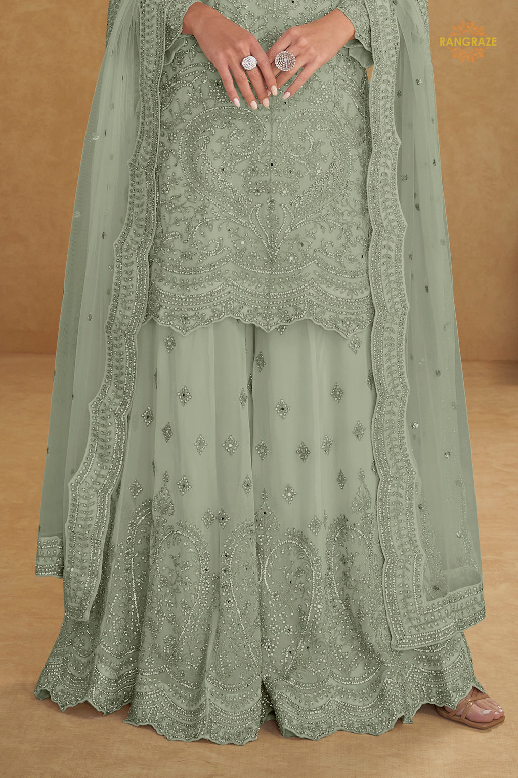 Sage Grey Stitched Embroidered Net Palazzo Suit