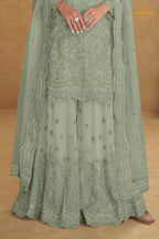 Sage Grey Stitched Embroidered Net Palazzo Suit