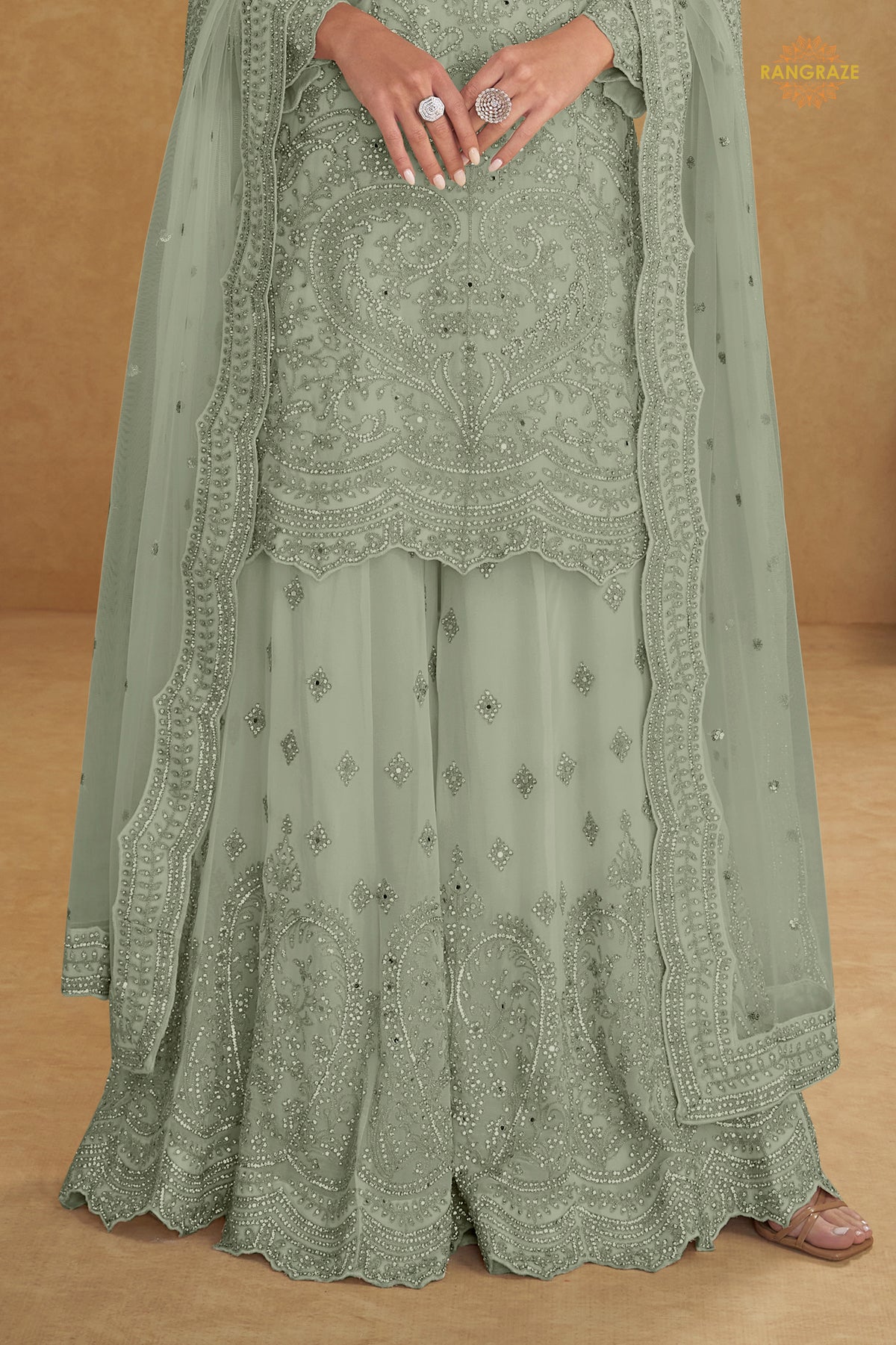 Sage Grey Stitched Embroidered Net Palazzo Suit