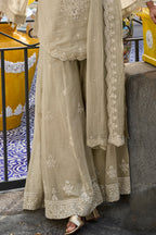 Sage Ivory Stitched Bead Work Mul Silk Sharara Suit