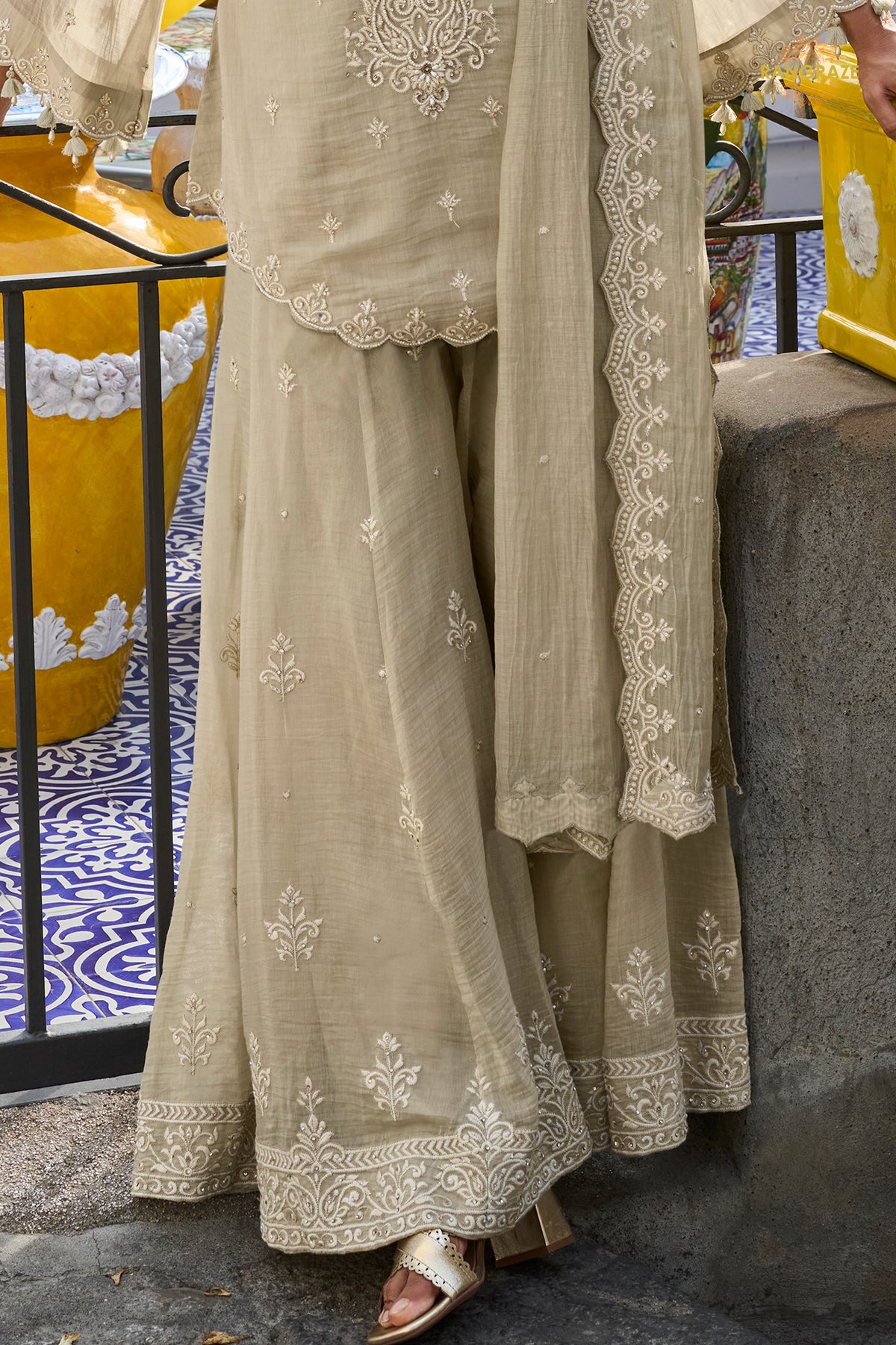 Sage Ivory Stitched Bead Work Mul Silk Sharara Suit