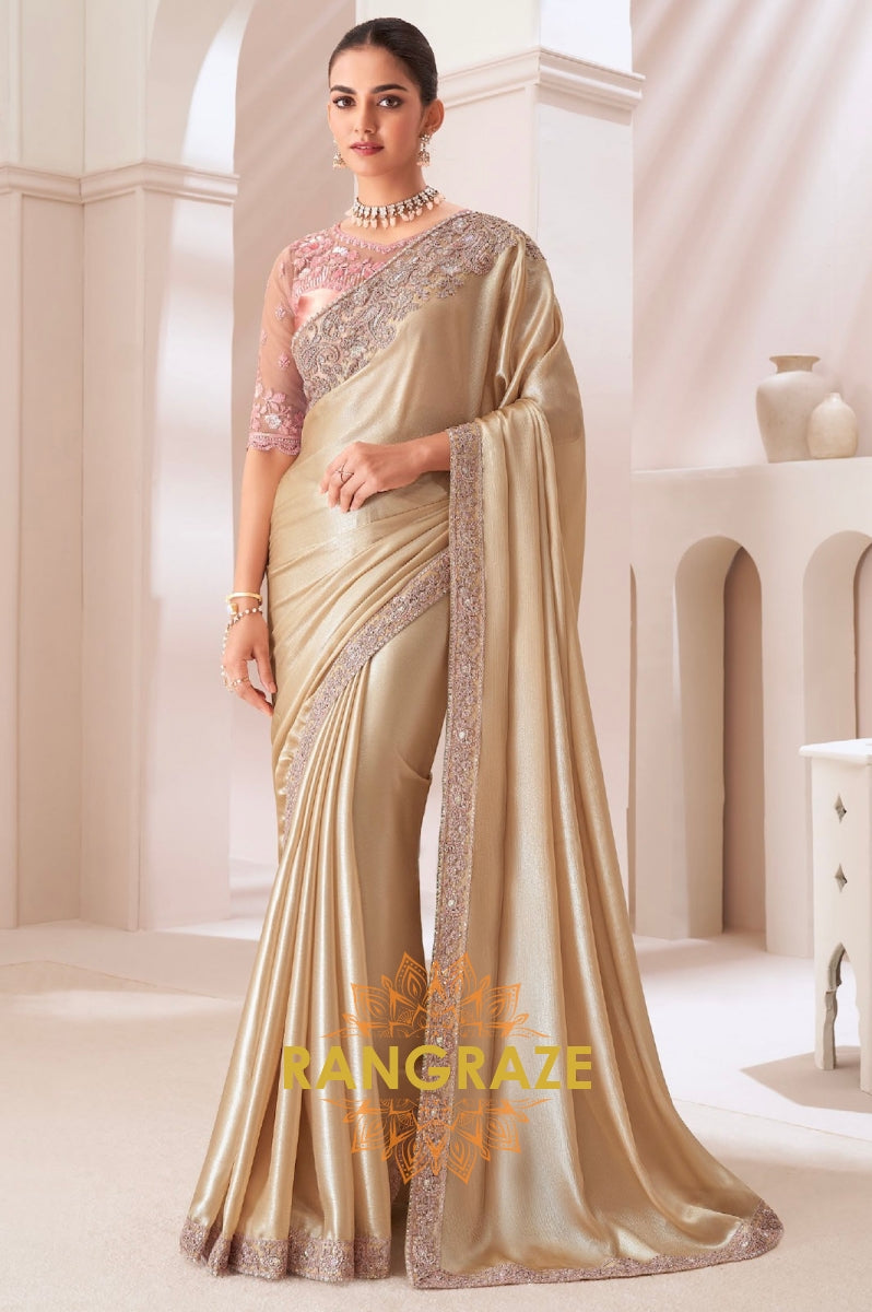 Golden Grace Satin Chiffon Saree with Embroidered Silk Blouse