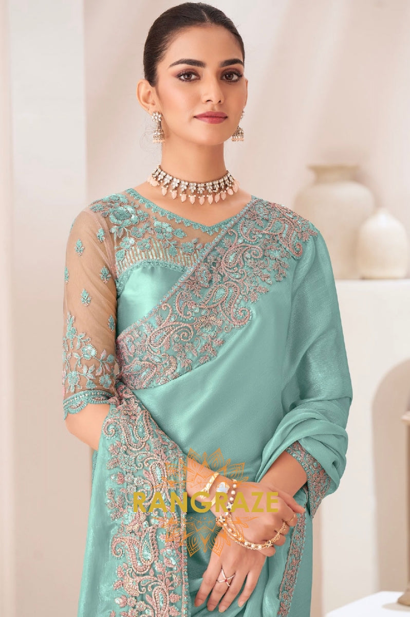 Mint Serenity Satin Chiffon Saree with Embroidered Silk Blouse