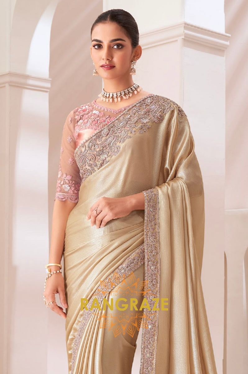 Golden Grace Satin Chiffon Saree with Embroidered Silk Blouse
