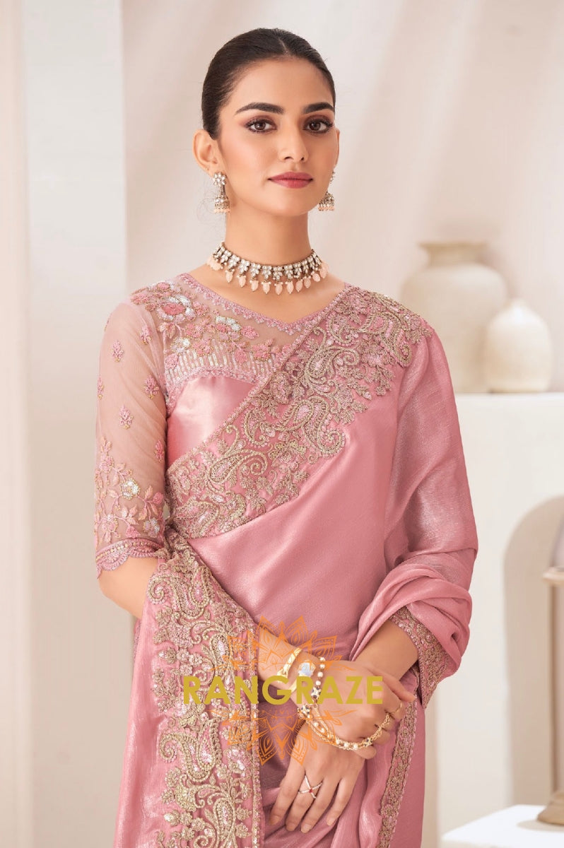 Blush Elegance Satin Chiffon Saree with Embroidered Silk Blouse