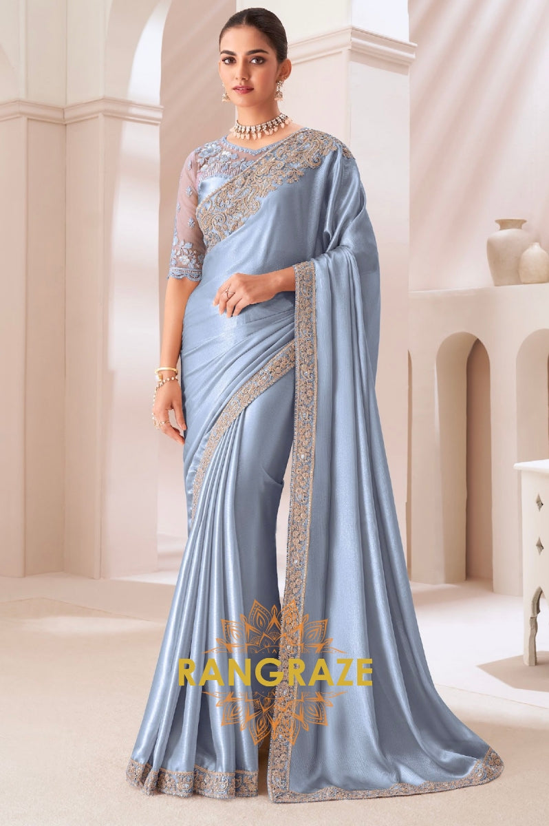 Serene Sky Satin Chiffon Saree with Embroidered Silk Blouse