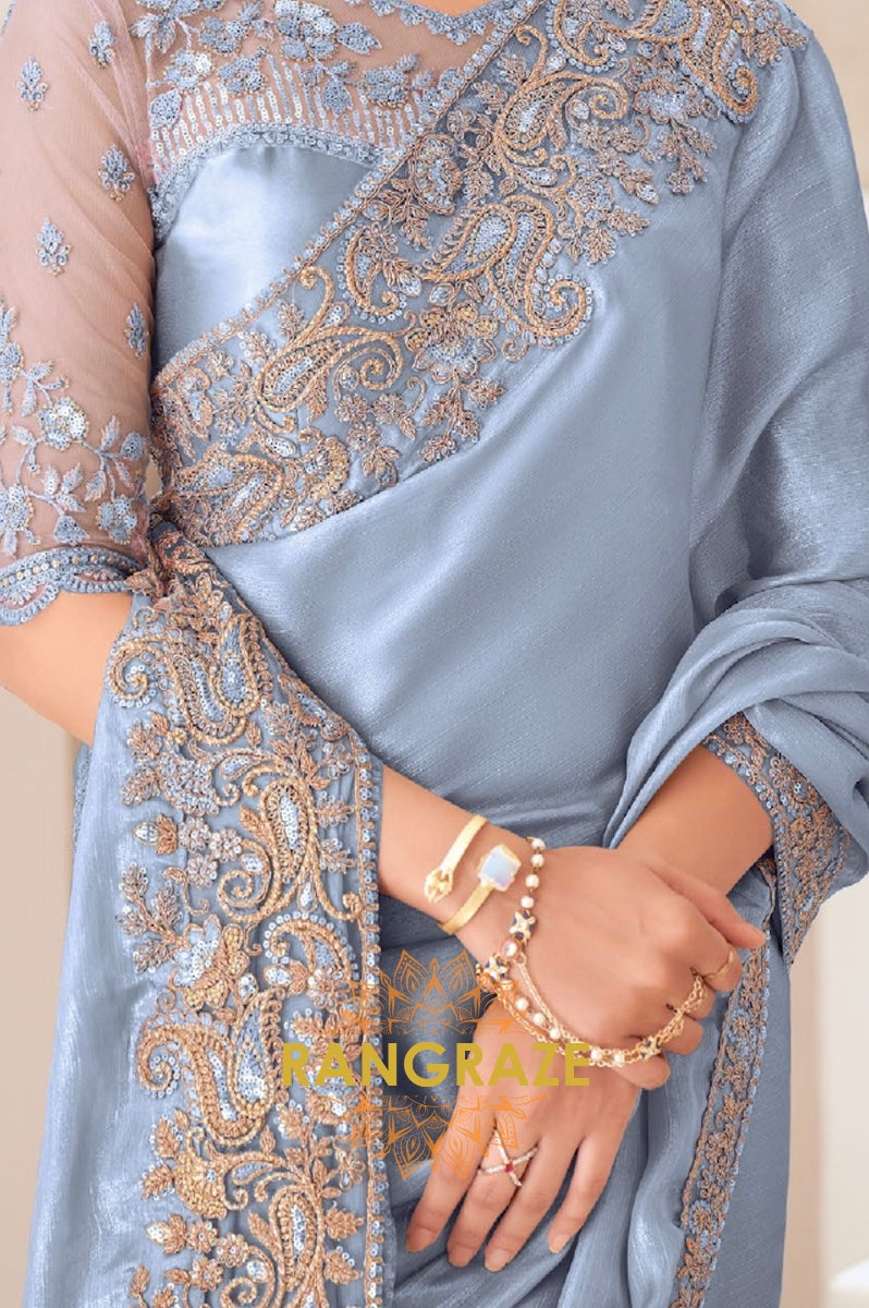 Serene Sky Satin Chiffon Saree with Embroidered Silk Blouse