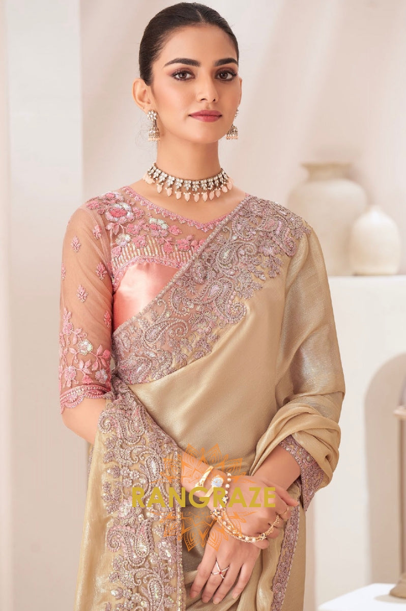 Golden Grace Satin Chiffon Saree with Embroidered Silk Blouse