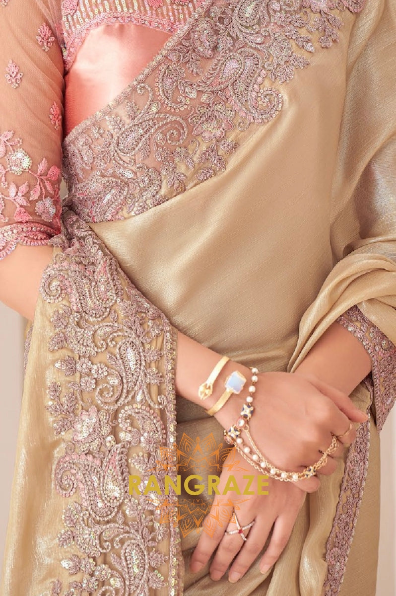 Golden Grace Satin Chiffon Saree with Embroidered Silk Blouse
