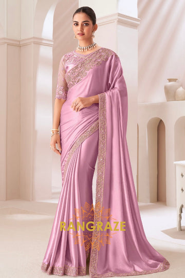 Rosette Bliss Satin Chiffon Saree with Embroidered Silk Blouse