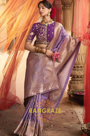 Royal Lavender Satin Saree with Embroidered Blouse