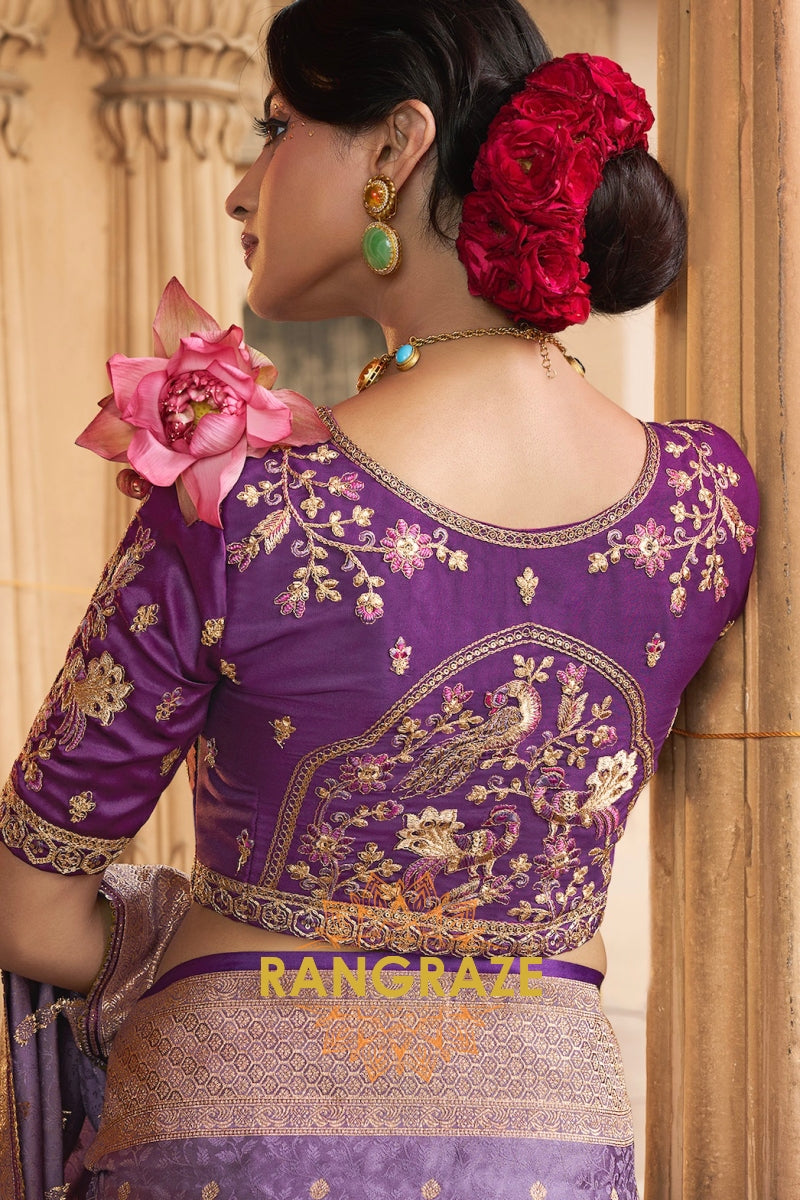 Royal Lavender Satin Saree with Embroidered Blouse