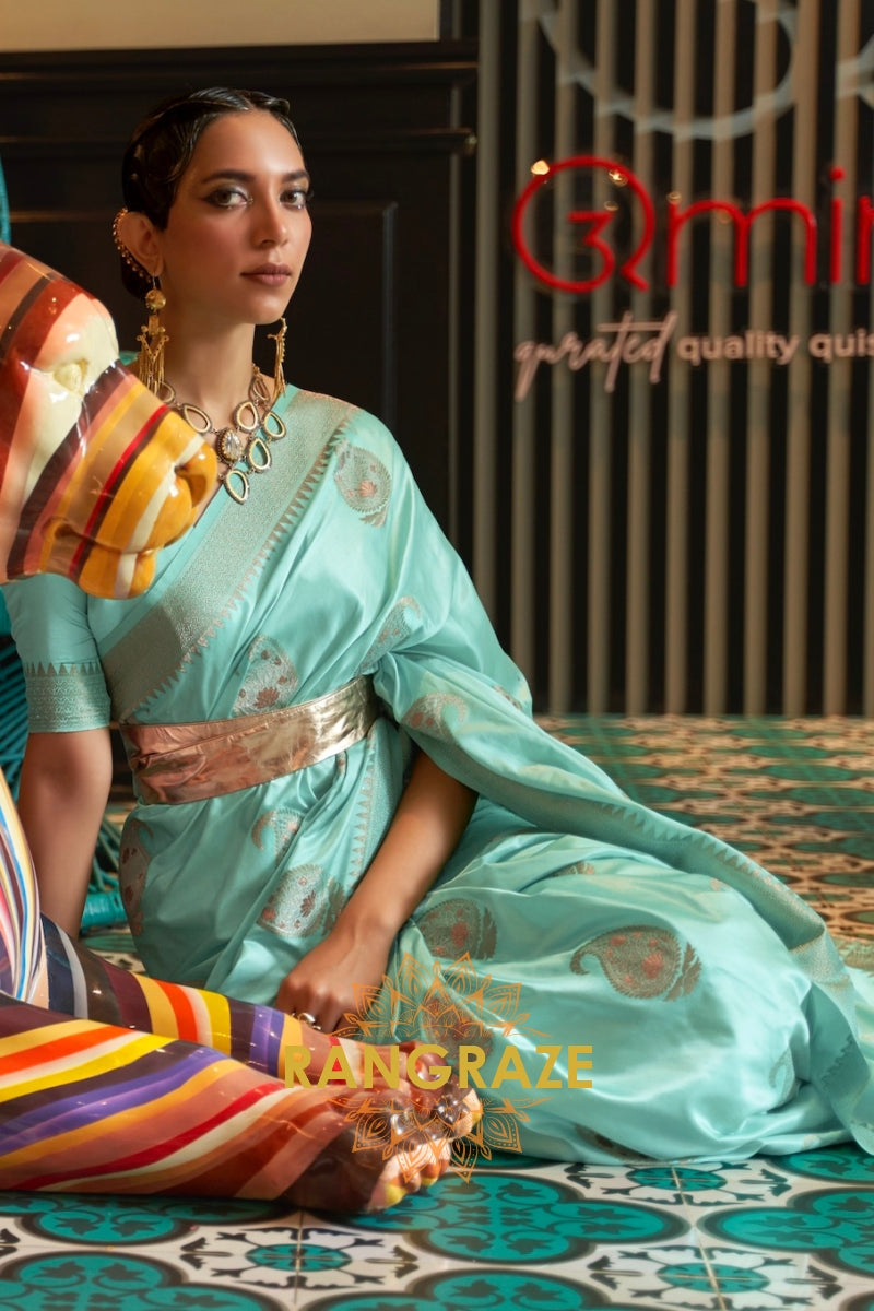 Royal Azure Blue Woven Banarasi Satin Silk Saree