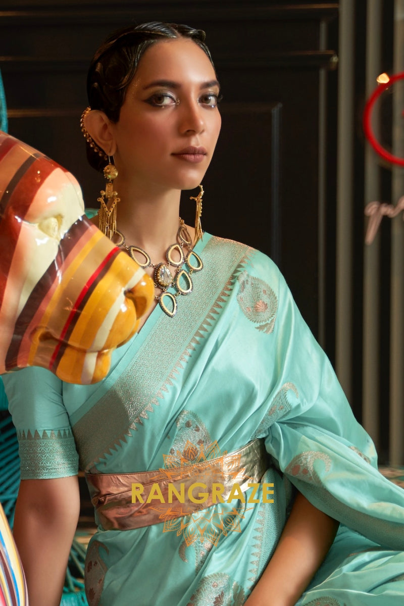 Royal Azure Blue Woven Banarasi Satin Silk Saree