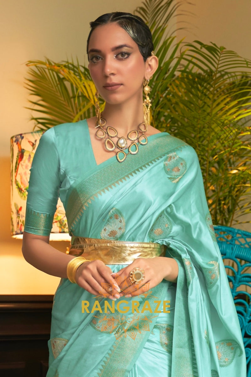 Royal Azure Blue Woven Banarasi Satin Silk Saree