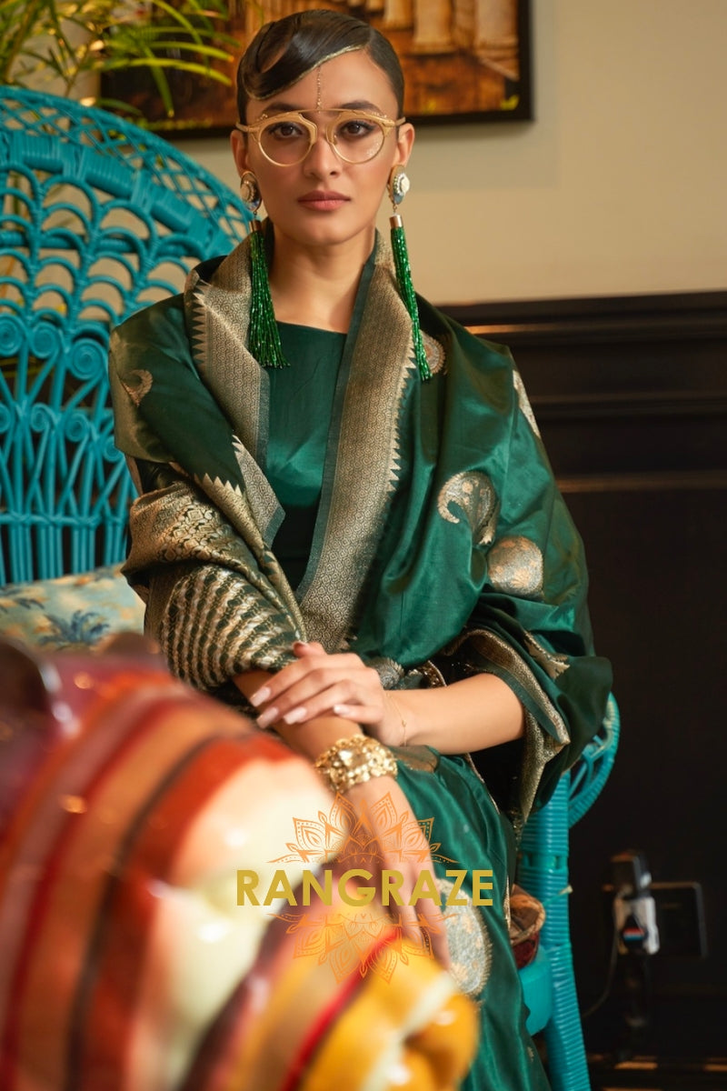 Royal Dark Green Woven Banarasi Satin Silk Saree