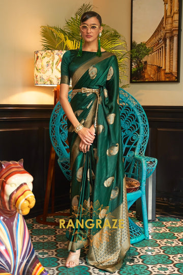 Royal Dark Green Woven Banarasi Satin Silk Saree