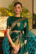 Royal Dark Green Woven Banarasi Satin Silk Saree