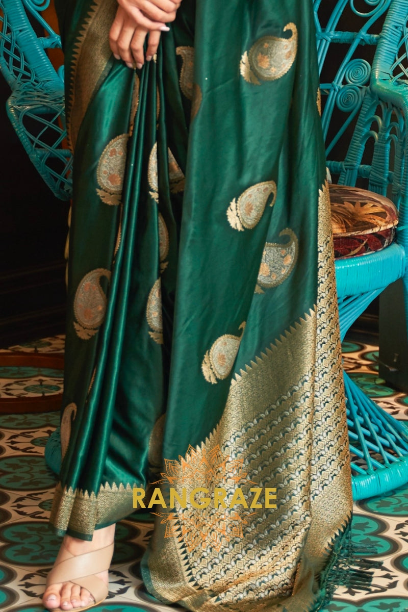 Royal Dark Green Woven Banarasi Satin Silk Saree