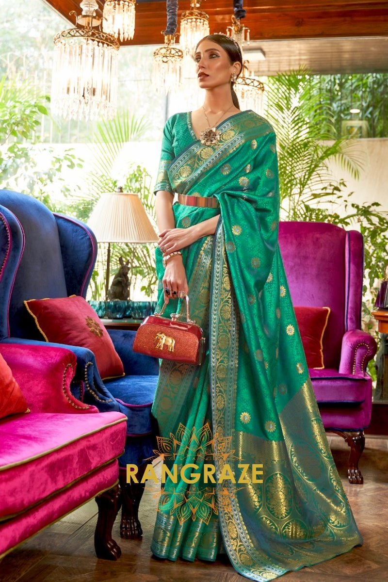 Mystic Turquoise Woven Smooth Satin Silk Banarasi Saree