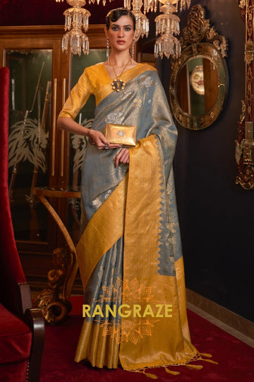 Glamorous Metal Grey Woven Banarasi Tanchoi Silk Saree