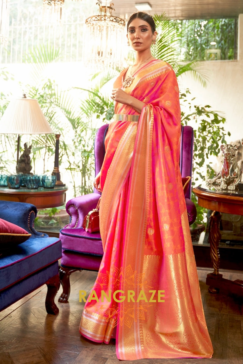 Peach Pink Mystic Woven Smooth Satin Silk Banarasi Saree