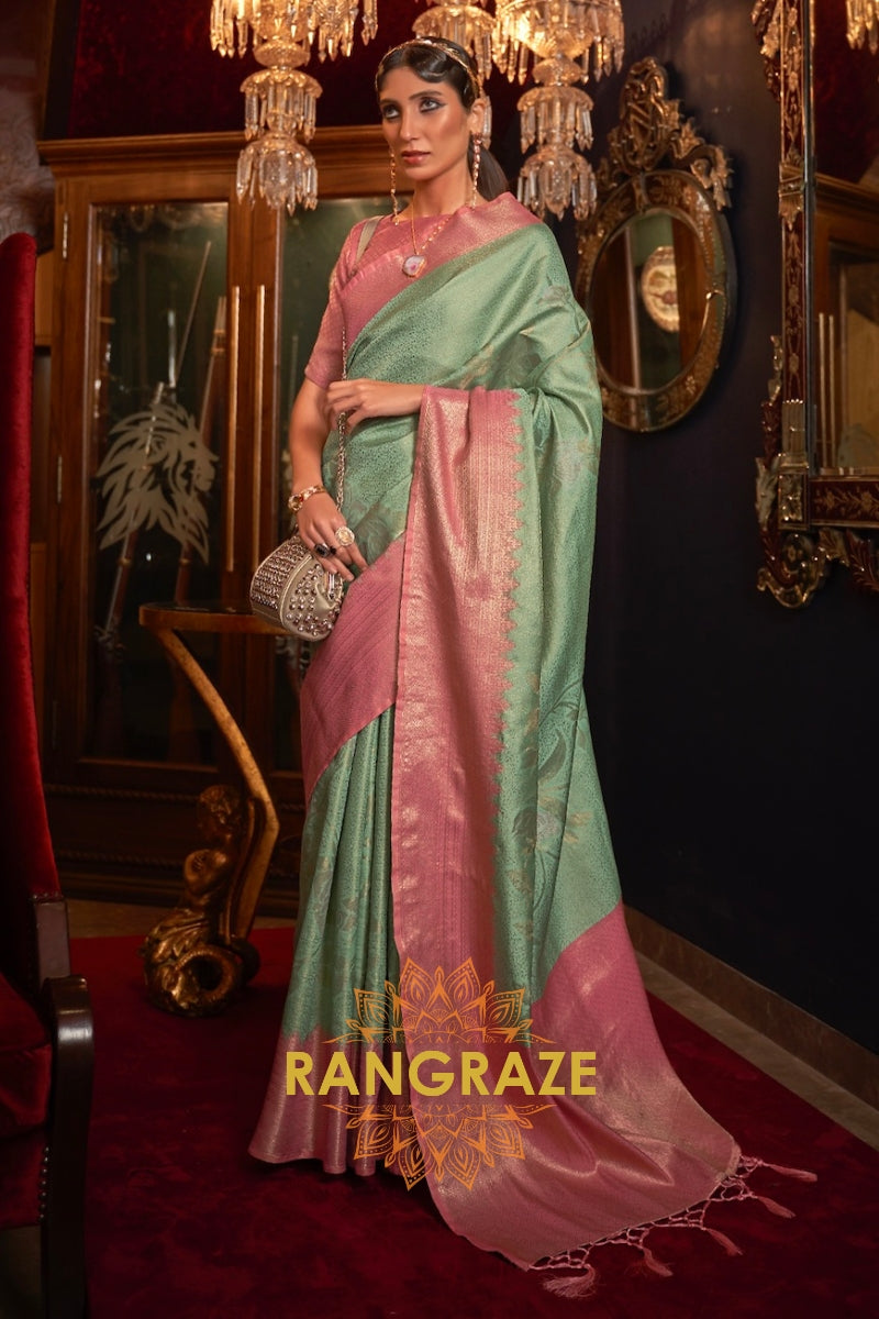 Glamorous Sea Green Banarasi Tanchoi Silk Saree