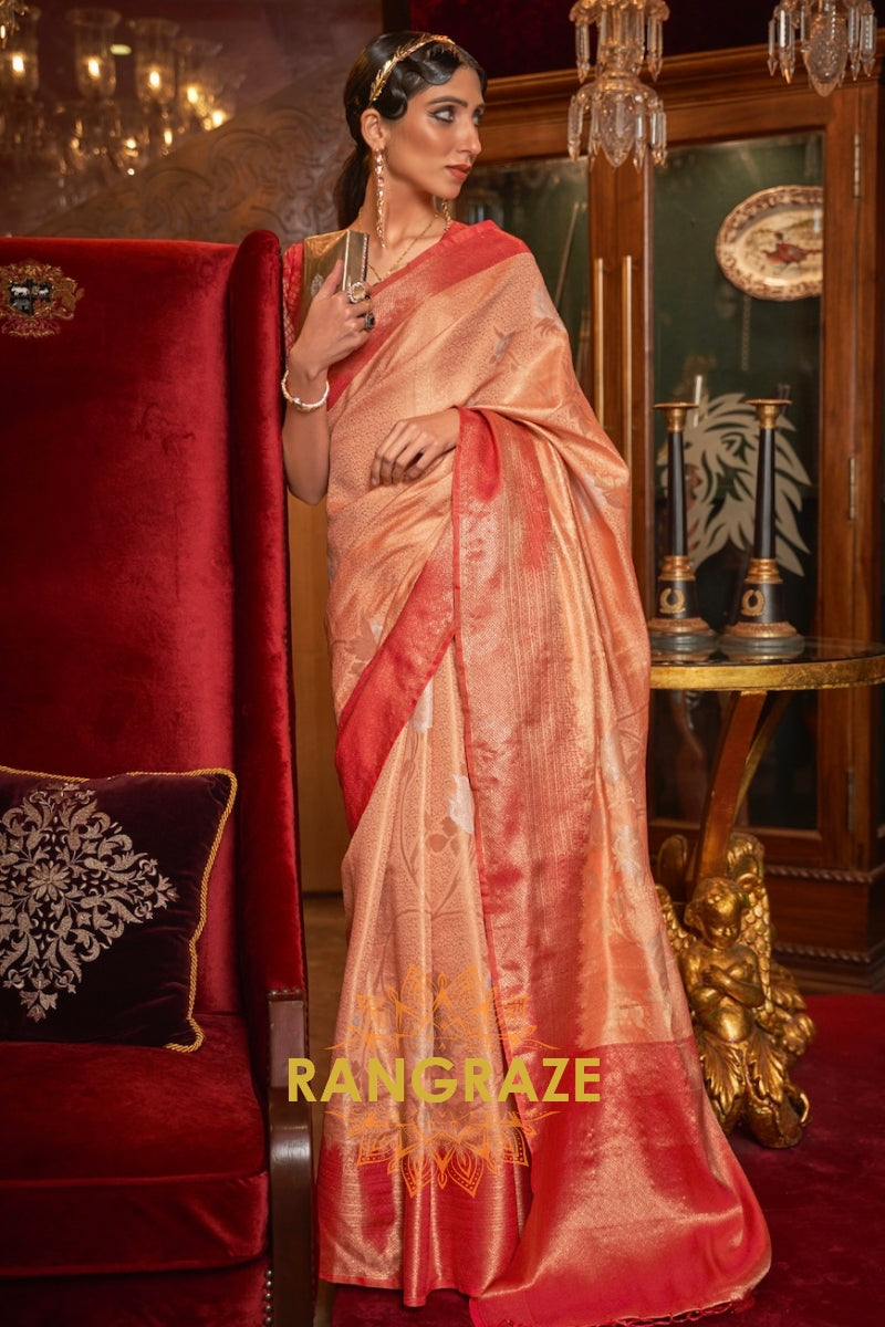 Glamorous Peachy Orange Banarasi Tanchoi Silk Saree