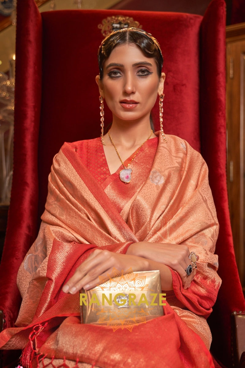 Glamorous Peachy Orange Banarasi Tanchoi Silk Saree