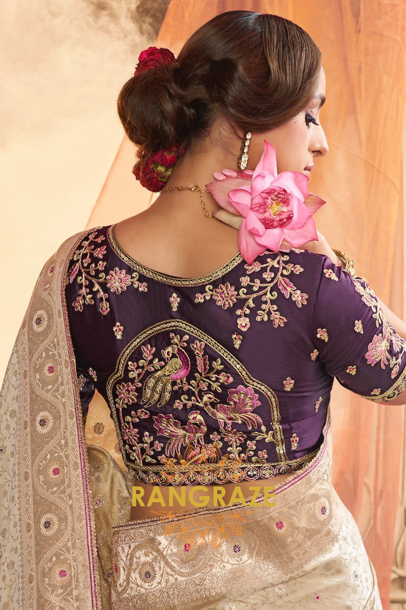 Champagne Royale Satin Saree with Embroidered Blouse