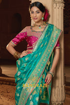 Turquoise Radiance Banarasi Silk Saree with Magenta Blouse