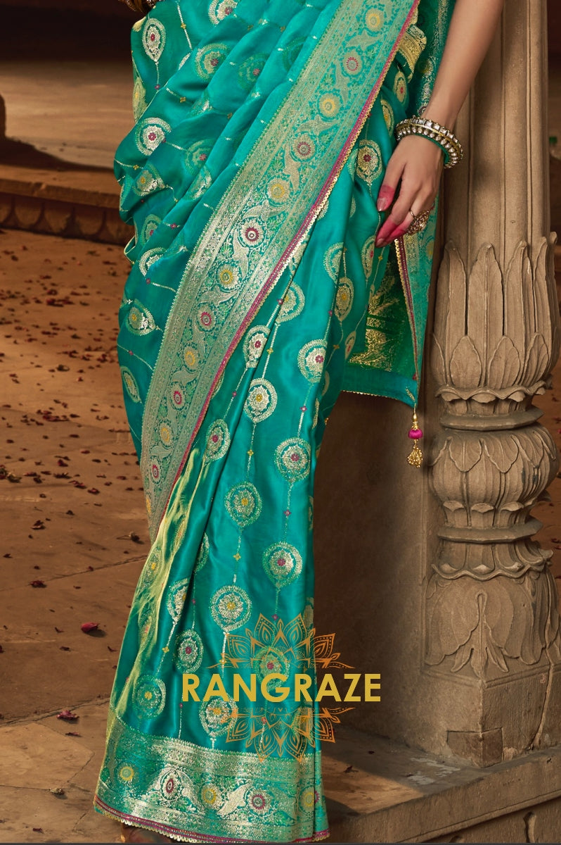 Turquoise Radiance Banarasi Silk Saree with Magenta Blouse
