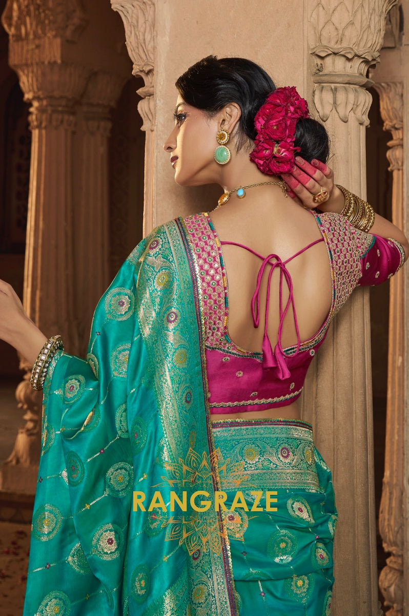 Turquoise Radiance Banarasi Silk Saree with Magenta Blouse