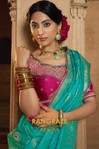 Turquoise Radiance Banarasi Silk Saree with Magenta Blouse