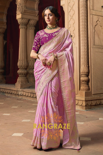 Blush Pink Banarasi Silk Saree with Plum Embroidered Blouse