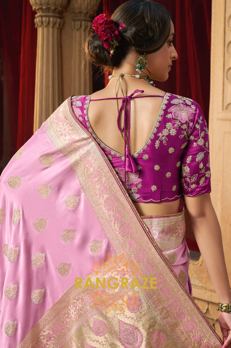 Blush Pink Banarasi Silk Saree with Plum Embroidered Blouse