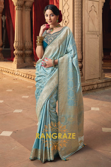 Aqua Blue Banarasi Silk Saree with Teal Embroidered Blouse