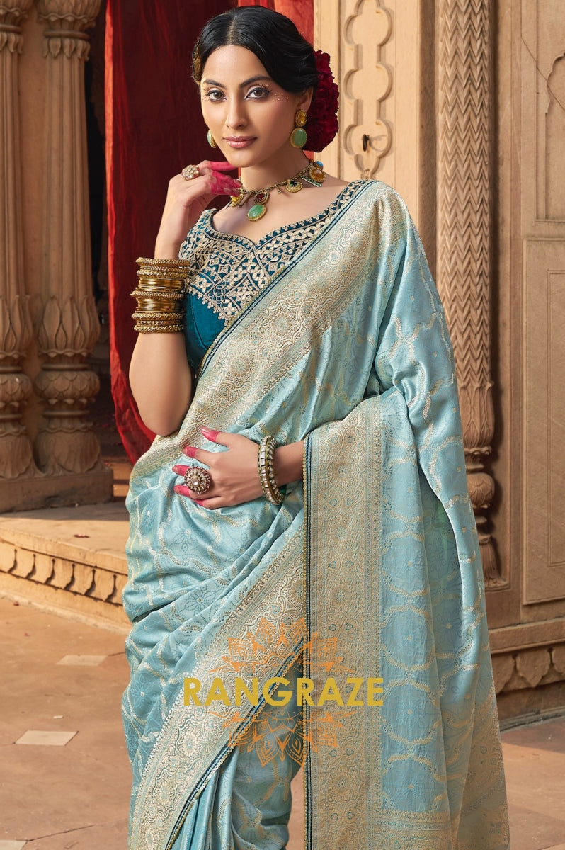 Aqua Blue Banarasi Silk Saree with Teal Embroidered Blouse