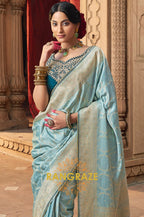 Aqua Blue Banarasi Silk Saree with Teal Embroidered Blouse