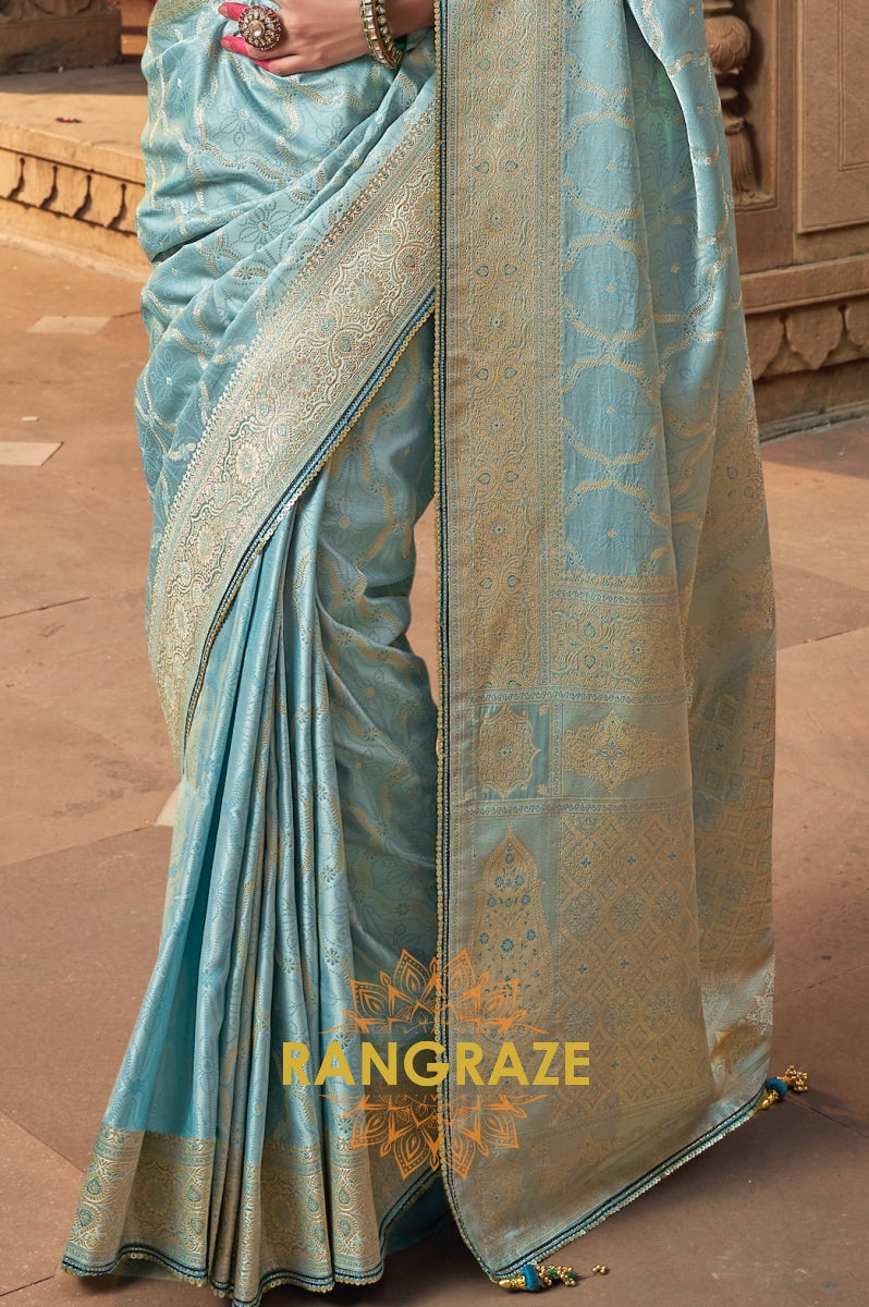 Aqua Blue Banarasi Silk Saree with Teal Embroidered Blouse