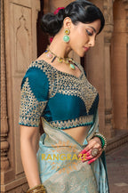 Aqua Blue Banarasi Silk Saree with Teal Embroidered Blouse