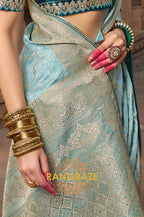 Aqua Blue Banarasi Silk Saree with Teal Embroidered Blouse