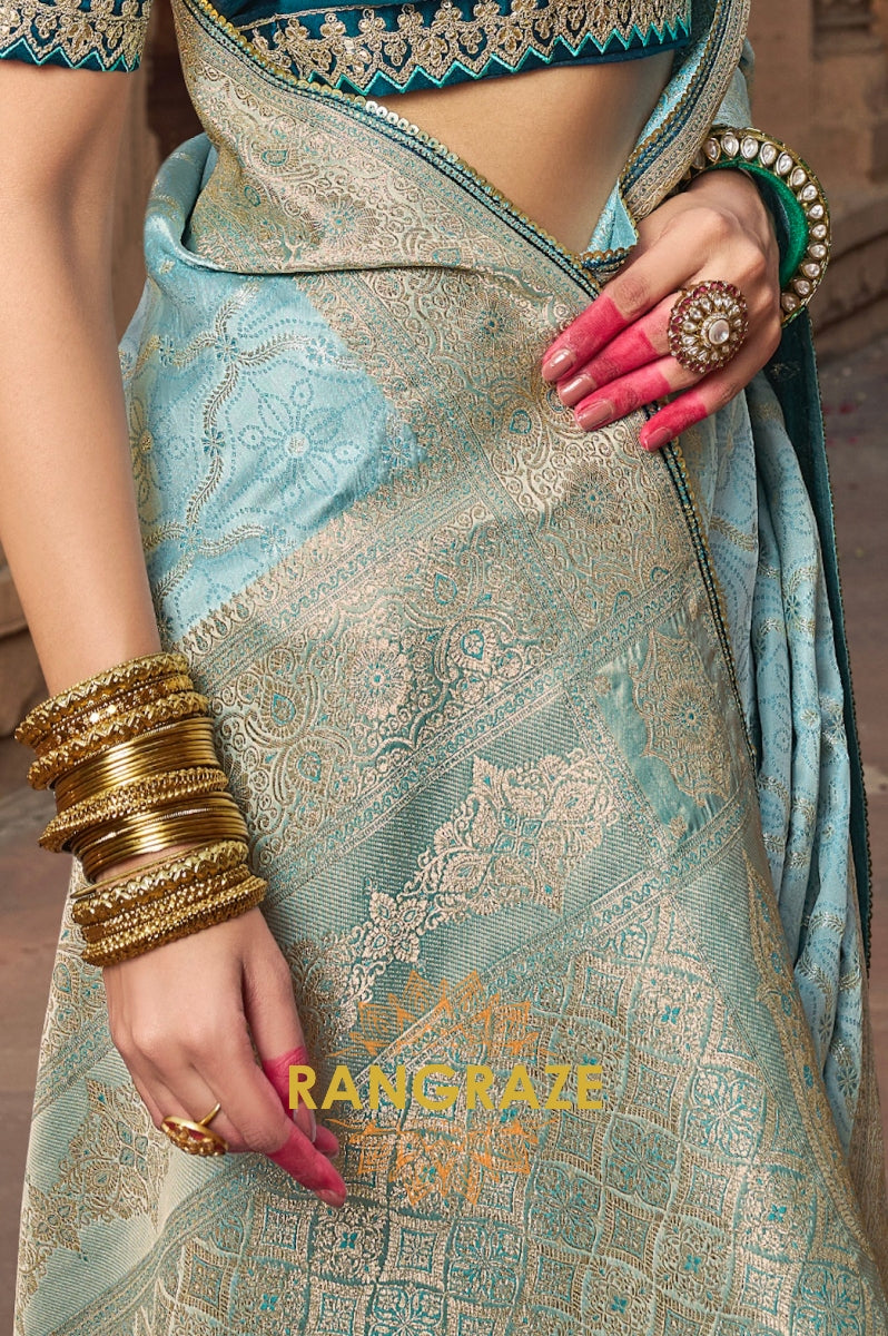 Aqua Blue Banarasi Silk Saree with Teal Embroidered Blouse
