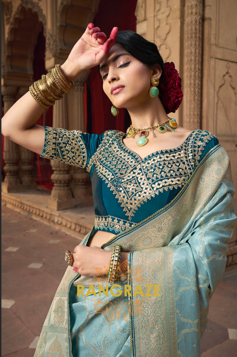 Aqua Blue Banarasi Silk Saree with Teal Embroidered Blouse