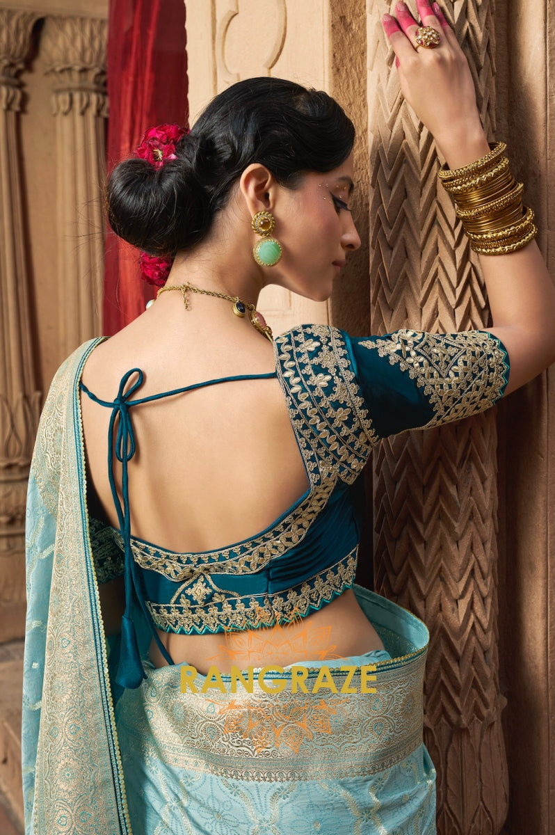 Aqua Blue Banarasi Silk Saree with Teal Embroidered Blouse