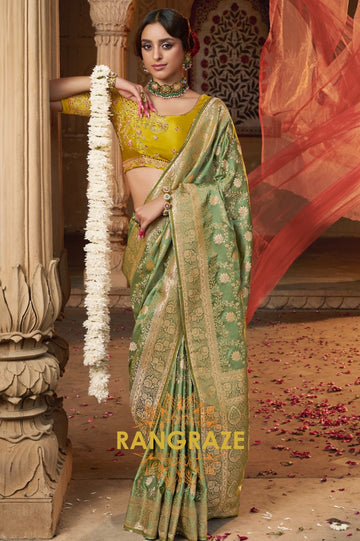 Sage Green Banarasi Silk Saree with Mustard Embroidered Blouse