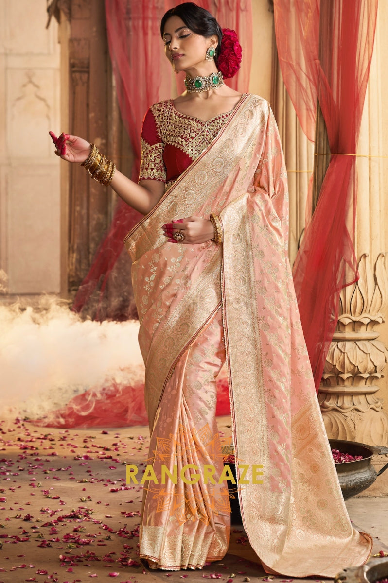 Blush Pink Banarasi Silk Saree with Maroon Embroidered Blouse