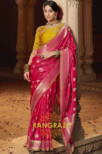 Raspberry Red Banarasi Silk Saree with Mustard Embroidered Blouse