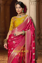 Raspberry Red Banarasi Silk Saree with Mustard Embroidered Blouse
