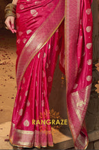 Raspberry Red Banarasi Silk Saree with Mustard Embroidered Blouse